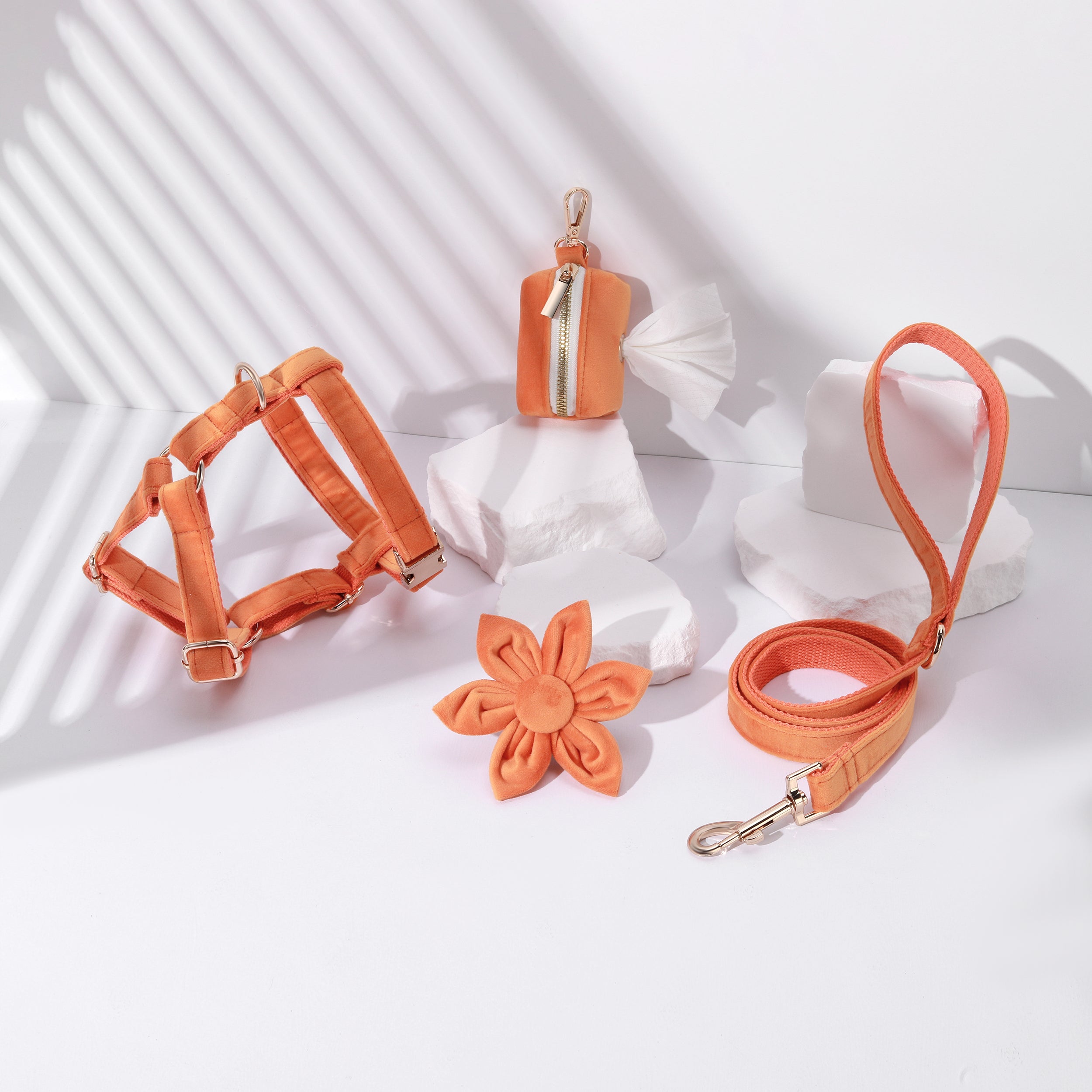 Ensemble 4 pièces fleuri orange pour chien : harnais, collier, laisse et porte-sacs