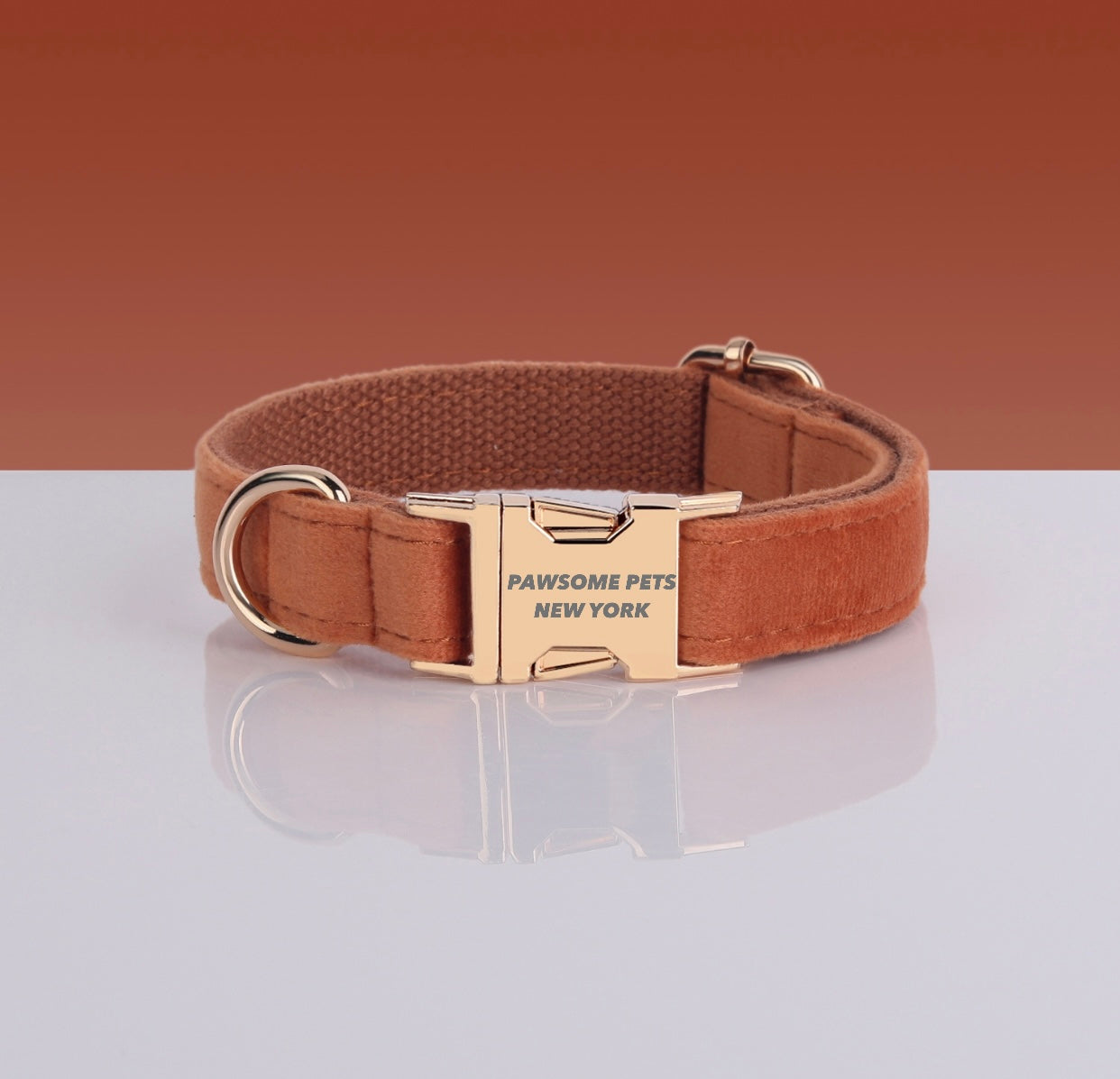 Collier pour chien en velours terracotta, boucle métallique dorée, sur fond terre cuite