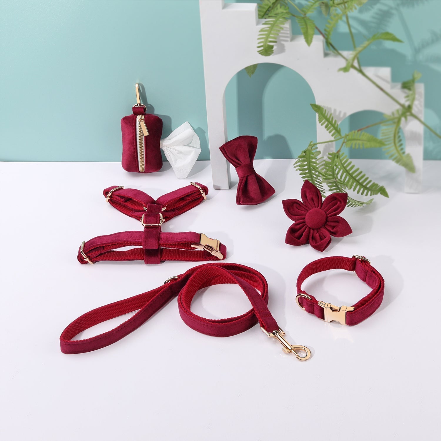 Ensemble 6 pièces fleuri bordeaux pour chien