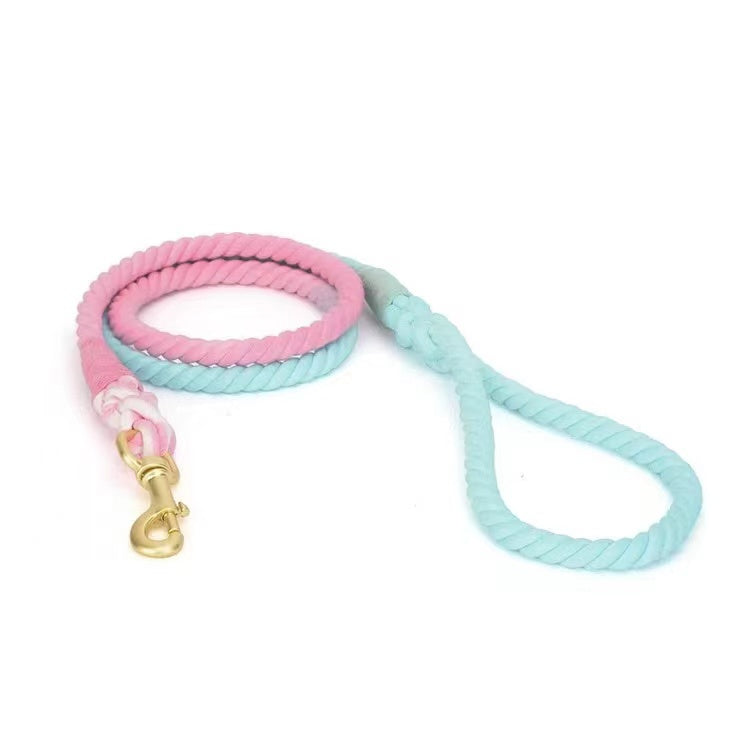 Laisse en corde de coton rose et menthe, teinte à la main, mousqueton laiton