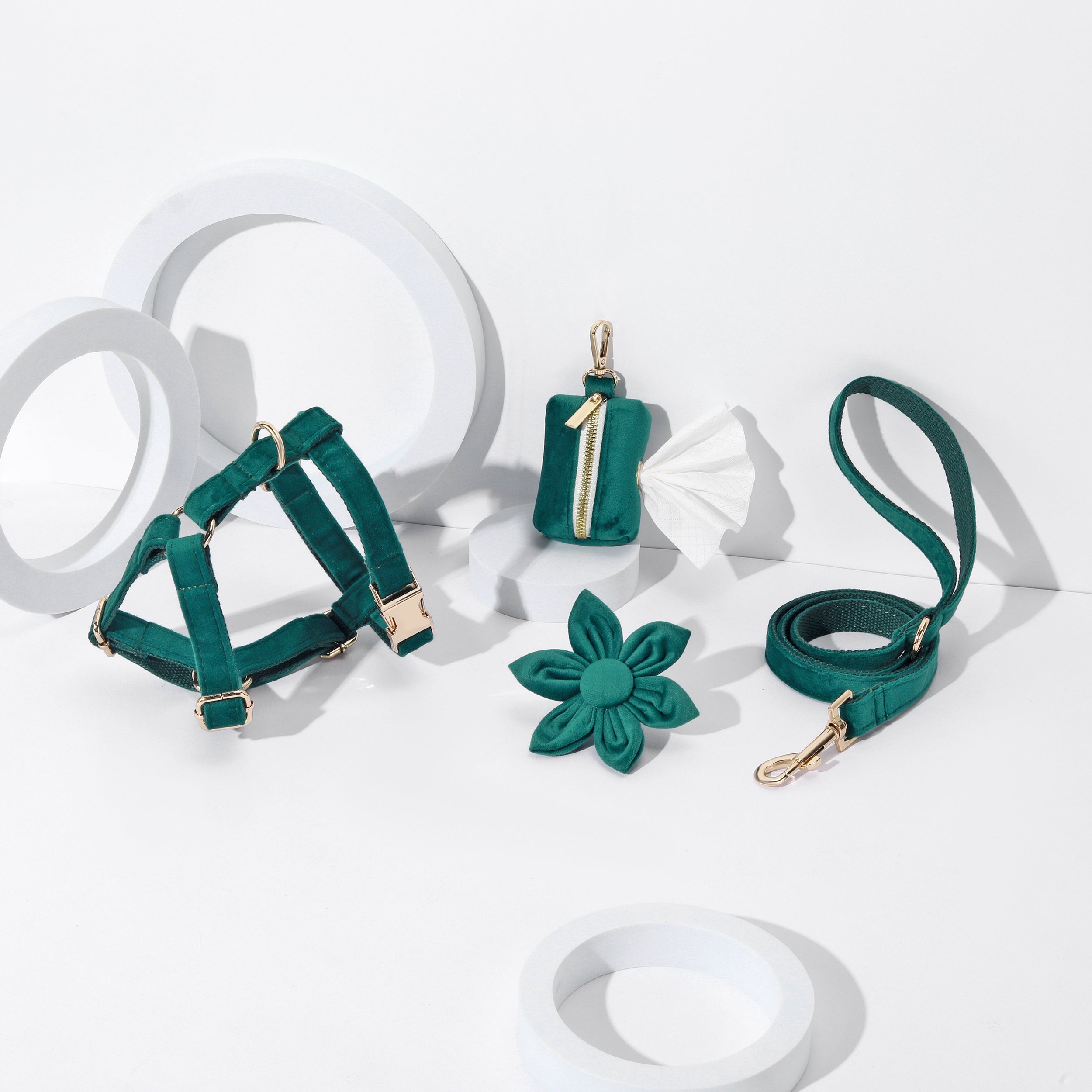 Ensemble 4 pièces fleuri vert foncé pour chien : harnais, collier, laisse et porte-sacs