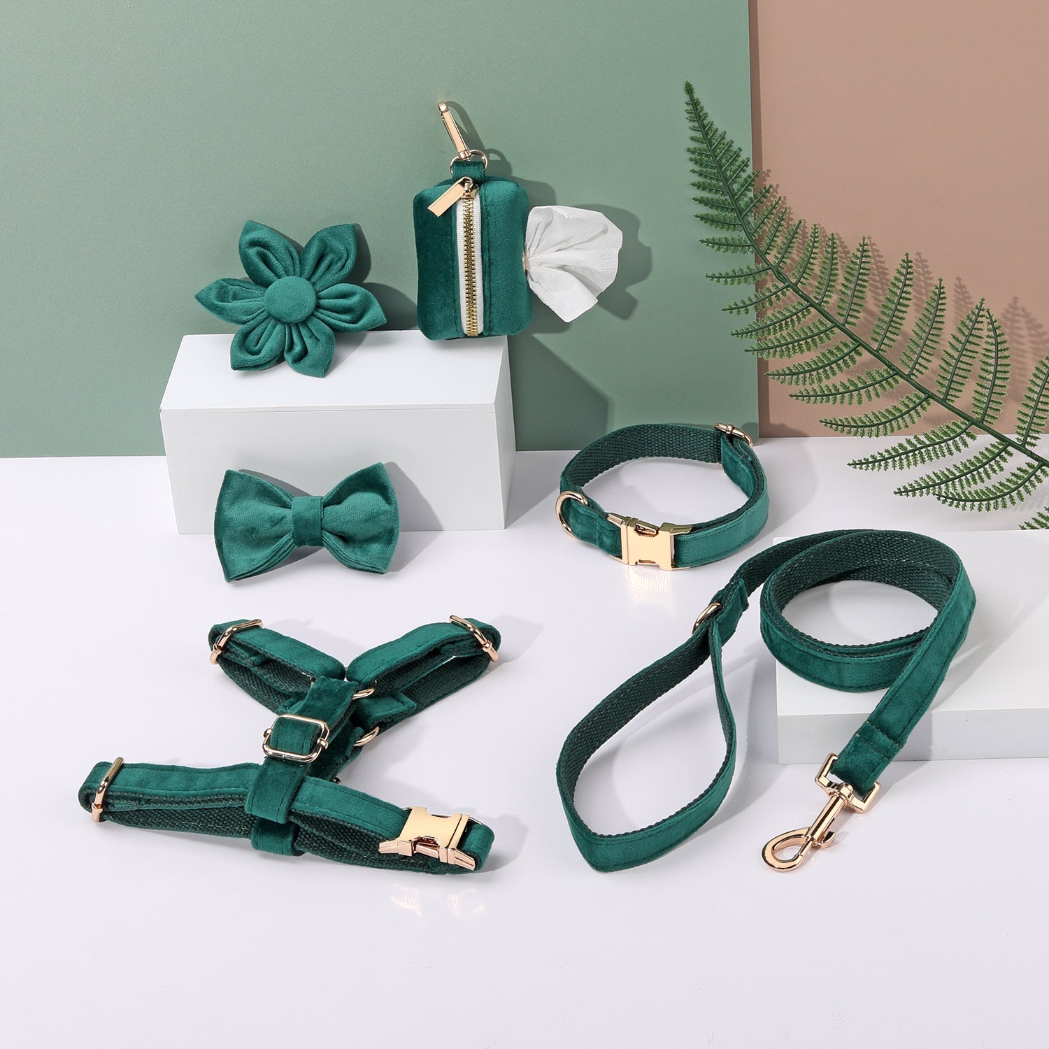 Ensemble 6 pièces fleuri vert foncé pour chien
