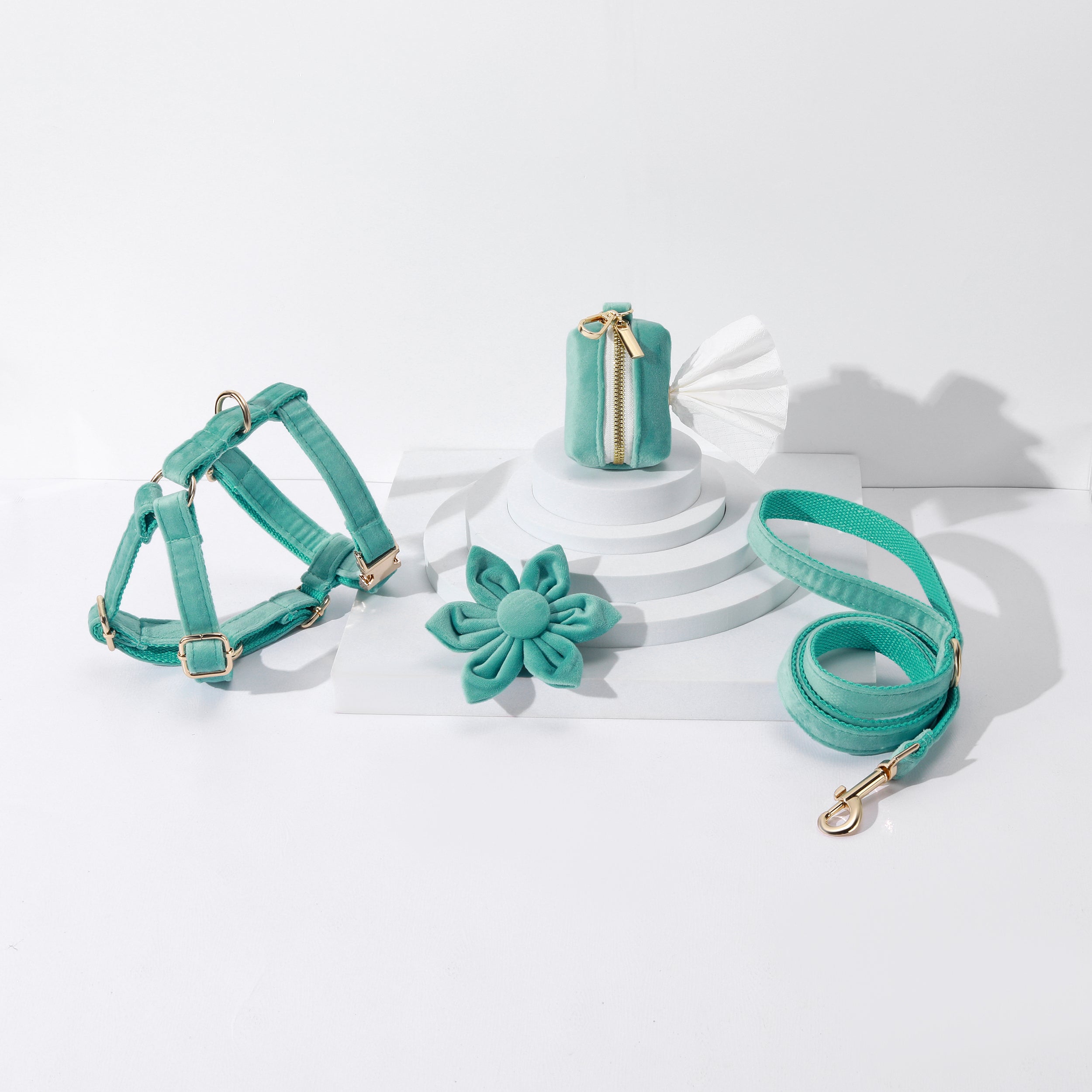Ensemble 4 pièces fleuri vert pour chien : harnais, collier, laisse et porte-sacs