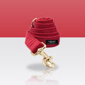 Laisse rouge andalou pour chien, mousqueton doré, sur fond rouge