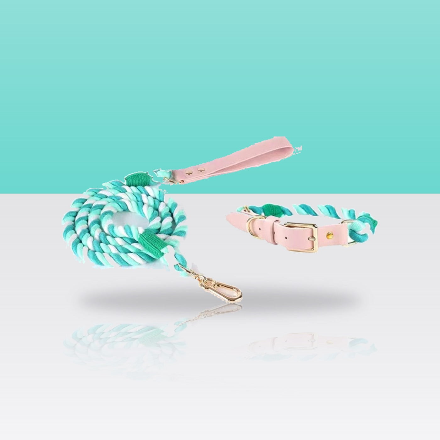 Ensemble collier et laisse en corde et cuir vert forêt pour chien