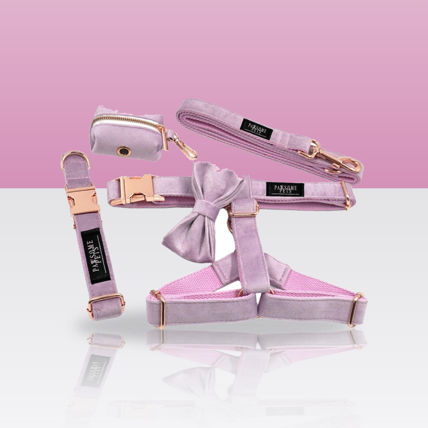 Ensemble 5 pièces rose vif pour chien : harnais, collier, laisse, nœud papillon et porte-sacs