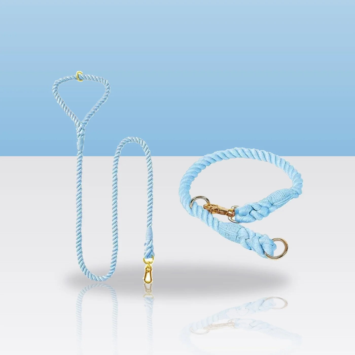 Ensemble collier et laisse en corde bleu amande pour chien